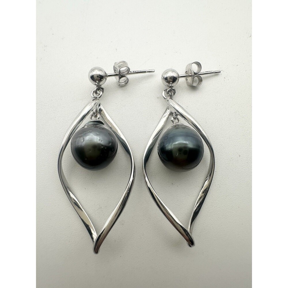 Cultured Tahitian Pearl Rhodium Over Sterling Silver Dangle Earrings